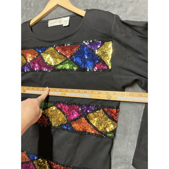 VTG Y2K Casual Corner Top Woman’s S Black Multicolor Sequins Colorblock Party - Picture 3 of 7